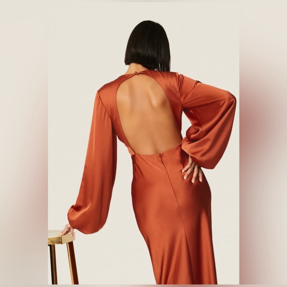 Significant Other Gown Sz 6 Demi Backless Rust Red Satin Long Sleeve Column Maxi - Picture 3 of 15